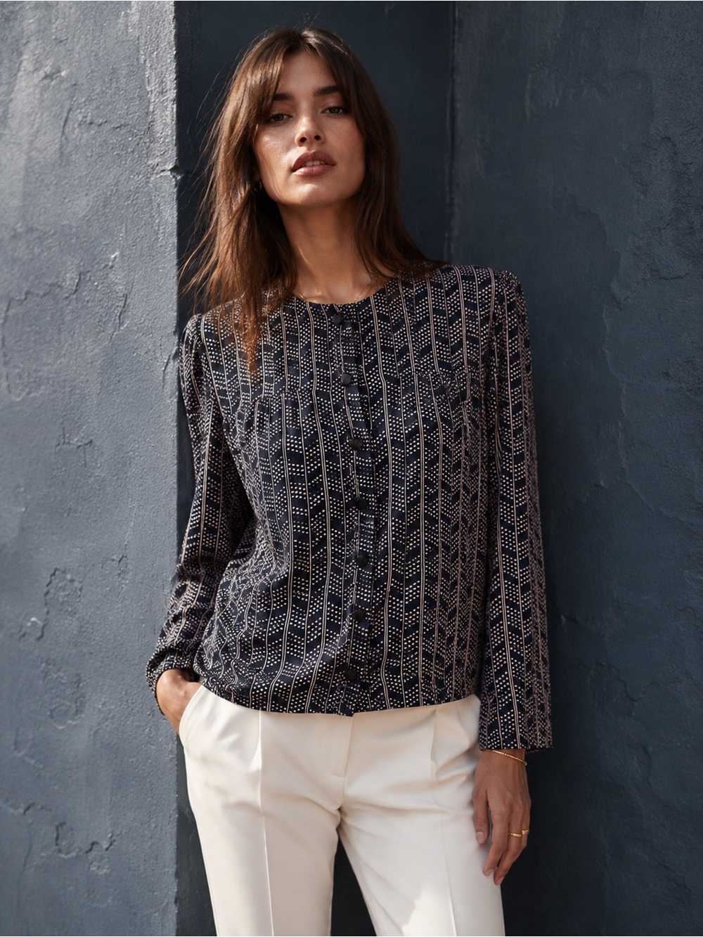 Vintage Adrianna Papell 100% Silk Geometric Dot and Stripe Blouse, Size 8